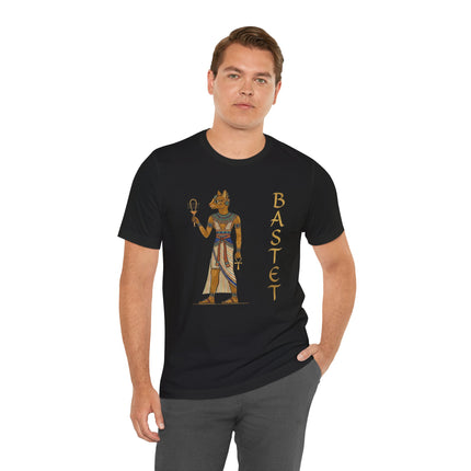 Bastet Egyptian cat goddess t-shirt graphic featuring mythology symbols and ancient Egyptian art.