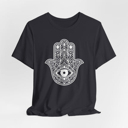 Hamsa hand and Evil Eye protection symbol graphic on a black t-shirt.