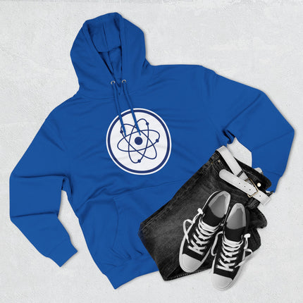 Blue science hoodie featuring a white graphic of a stylized atomic symbol.