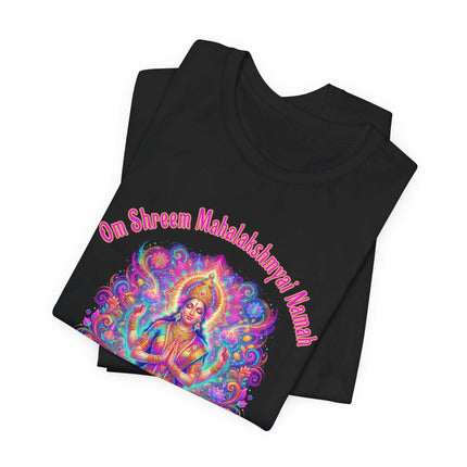 Vibrant Mahalakshmi goddess art t-shirt featuring the Om Shreem mantra. Spiritual Hindu design.