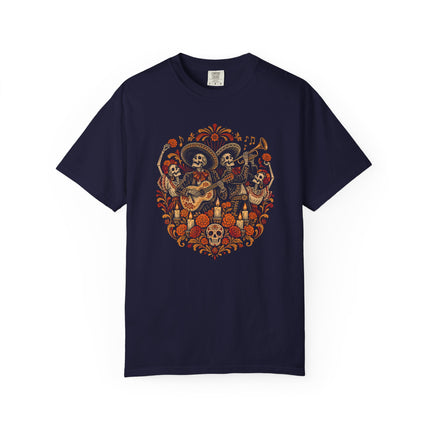 Day of the Dead T-Shirt | Skeleton Musicians and Marigold Art