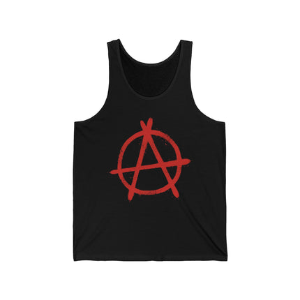 Red anarchy symbol on a black tank top. Punk anti-establishment graphic tee for streetwear style.