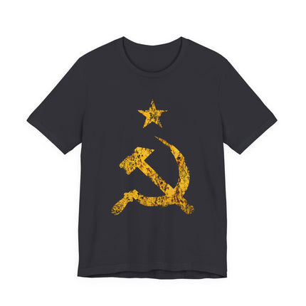 Vintage gold hammer and sickle star graphic on a black communist t-shirt.
