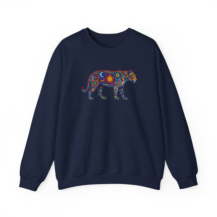 Colorful Huichol jaguar art sweatshirt featuring vibrant tribal indigenous animal print pullover.