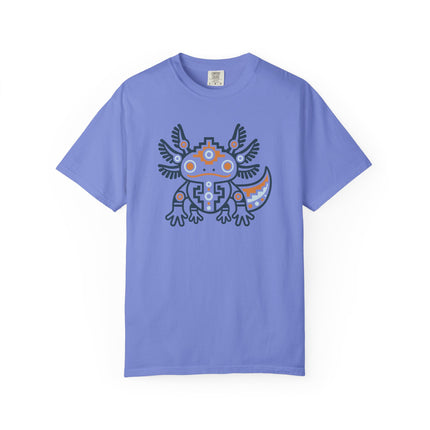 Aztec Axolotl T-Shirt | Geometric Salamander Design in Green and Gold Tee