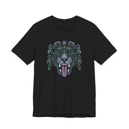 Mayan Jaguar Head T-Shirt | Fanged Feline with Patterned Headdress Tee