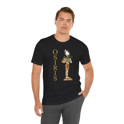 Black t-shirt featuring a detailed graphic of Osiris, the Egyptian god of the afterlife.