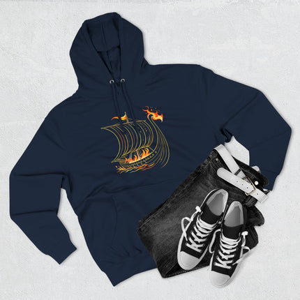 Burning Viking longship graphic on a dark hoodie. Norse mythology longship art.