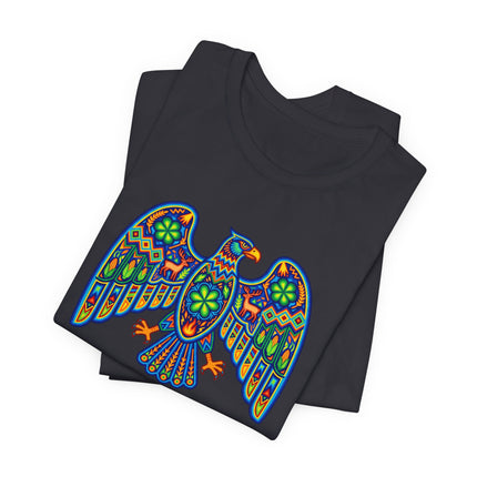 Vibrant Huichol art eagle graphic on a black t-shirt. Mexican indigenous folk art design.
