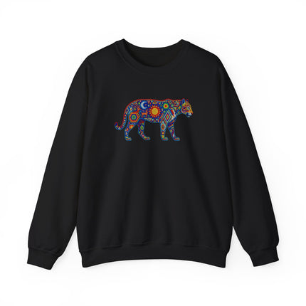 Colorful Huichol tribal jaguar art printed on an indigenous animal pullover sweatshirt.