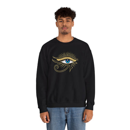 Eye of Ra Egyptian symbol graphic on a black pullover sweatshirt.