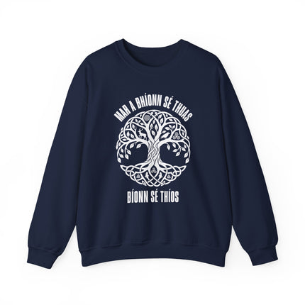 Celtic Tree of Life sweatshirt featuring a spiritual knot design and Gaelic text, symbolizing Irish mythology.