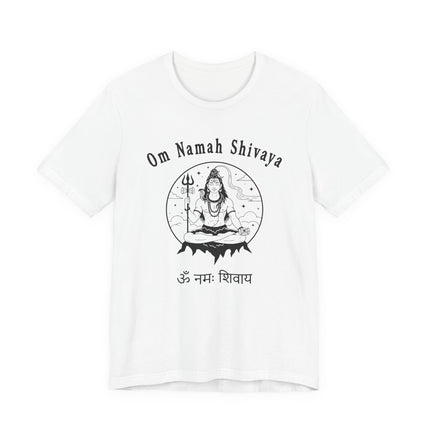 Lord Shiva meditating graphic with Om Namah Shivaya mantra on a white spiritual t-shirt.