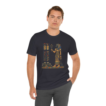 Bastet Egyptian goddess t-shirt graphic featuring hieroglyphs and ancient Egyptian art.