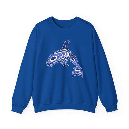 Blue sweatshirt featuring an Indigenous formline art orca killer whale design.