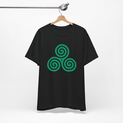 Celtic triskele triskelion triple spiral symbol on a black graphic tee.