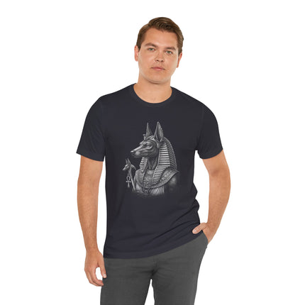 Monochrome Anubis Egyptian god graphic tee featuring the jackal deity of Ancient Egypt.