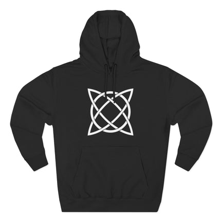 Black pullover hoodie featuring a white Celtic knotwork symbol design.