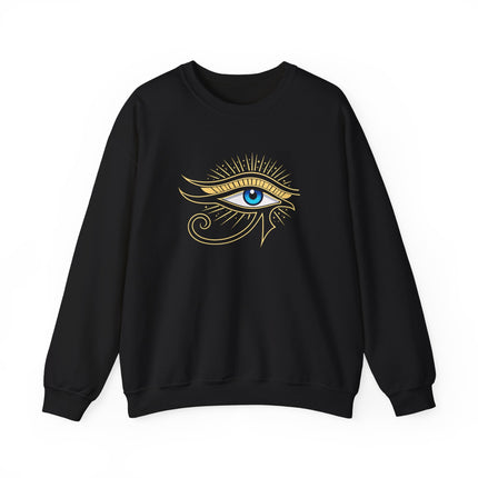 Ancient Egyptian Eye of Ra symbol graphic print on a pullover sweatshirt.