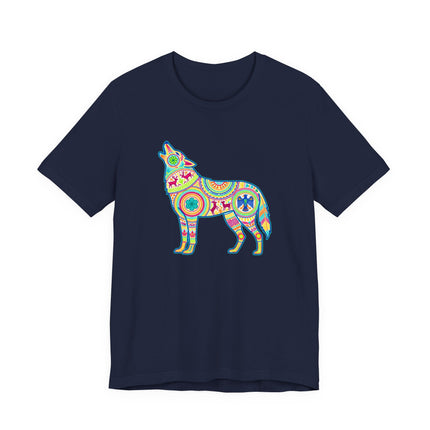 Vibrant Huichol tribal art wolf graphic tee, featuring bohemian Mexican folk style.