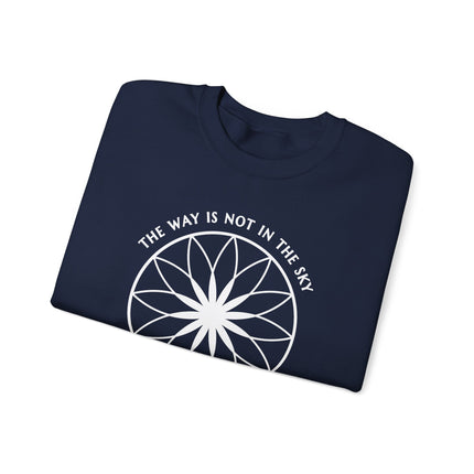 Spiritual mandala flower graphic and "The Way Is In The Heart" text print on a sweatshirt.