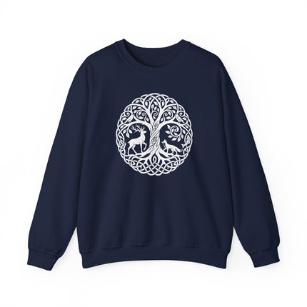 Celtic knotwork design featuring the Tree of Life, deer, and fox motifs on a nature pullover sweatshirt.
