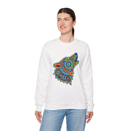 Vibrant geometric wolf head graphic featuring tribal rainbow art in Huichol style.