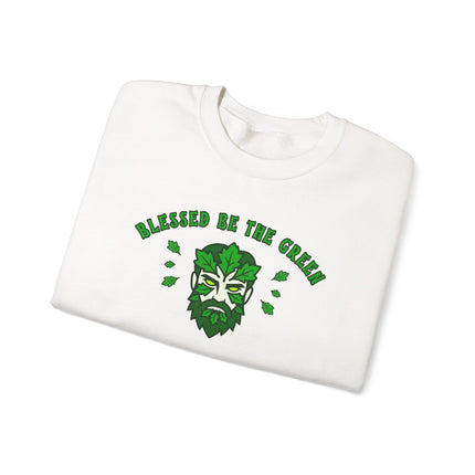 Green Man pagan nature god print on green pullover sweatshirt.