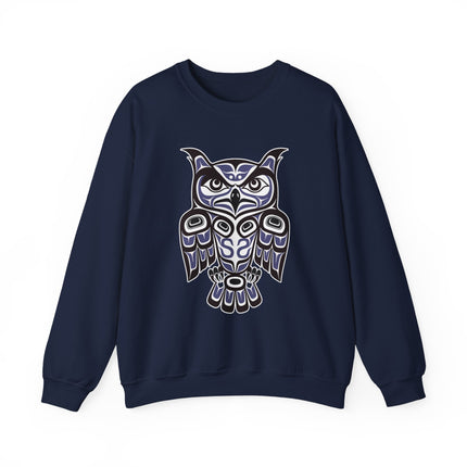 Indigenous Pacific Northwest owl formline art graphic on a sweatshirt.