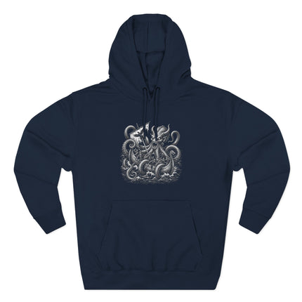 Kraken sea monster graphic on a navy blue Viking mythology hoodie.
