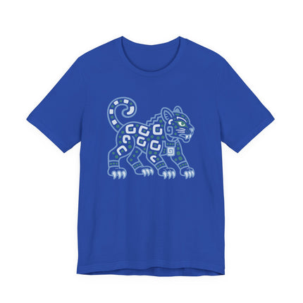 Mayan Jaguar T-Shirt | Teal Walking Cat with Geometric Markings Tee
