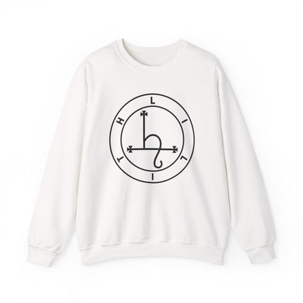 White sweatshirt featuring the Lilith sigil occult symbol design.