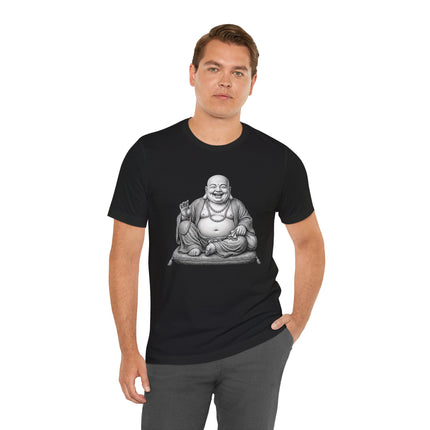 Laughing Buddha Hotei graphic on a black t-shirt, featuring Zen Buddhism art.