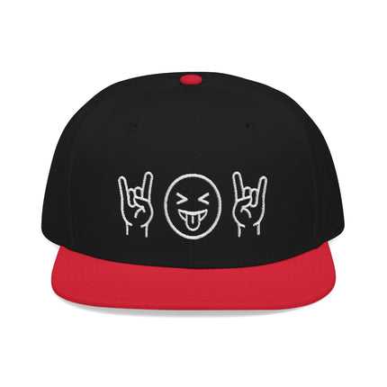 Black snapback hat with red brim and embroidered rock on hand signs and emoji face.