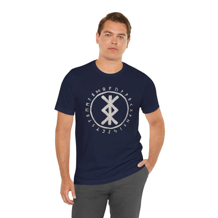 Norse protection bind rune t-shirt featuring the Elder Futhark runes and Viking symbols.
