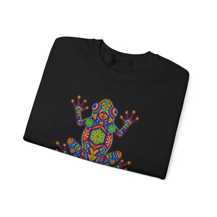 Vibrant Huichol frog art sweatshirt featuring Mexican indigenous geometric patterns.