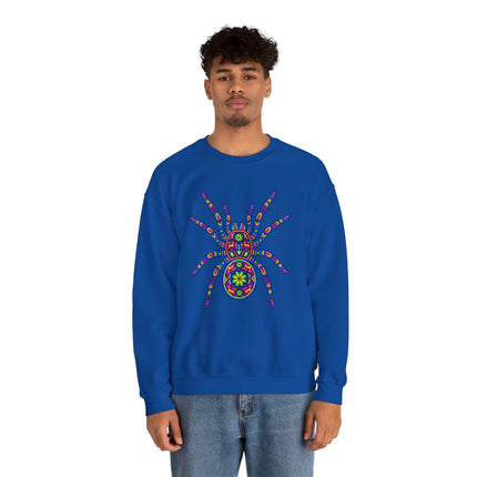 Vibrant Huichol tarantula folk art graphic on blue unisex sweatshirt.