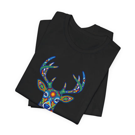 Vibrant Huichol deer graphic tee featuring colorful Mexican indigenous folk art print.