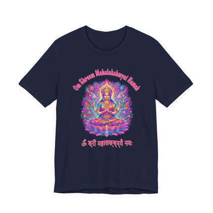 Vibrant Mahalakshmi goddess graphic tee featuring the Om Shreem mantra print.