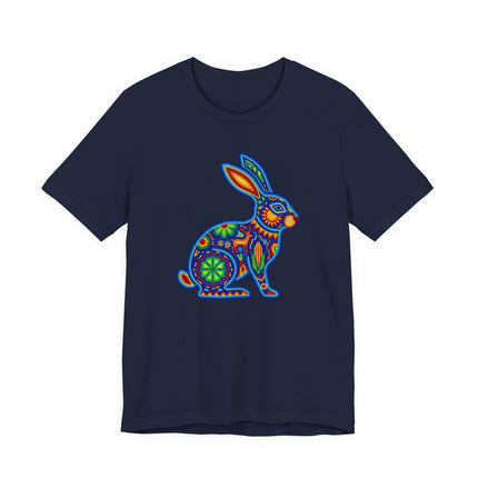 Mexican folk art Alebrije rabbit graphic tee, vibrant Huichol style print.