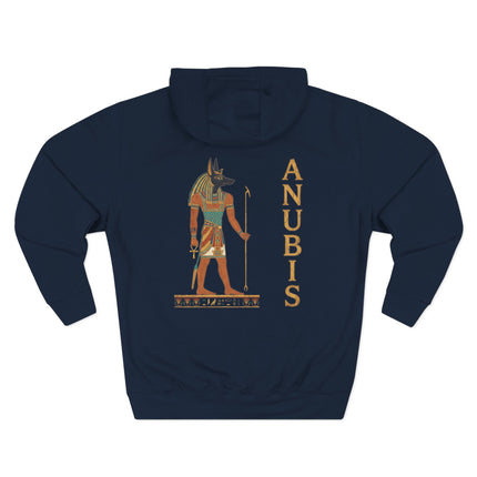 Anubis jackal god graphic print featuring Egyptian mythology and hieroglyphic text.