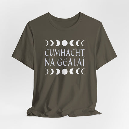 Cumhacht na Gealaí Irish moon power t-shirt featuring the celestial lunar cycle design.