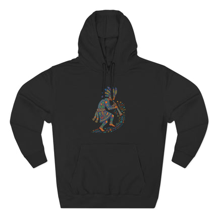 Colorful Kokopelli flute player design in vibrant Southwestern Native American art style.