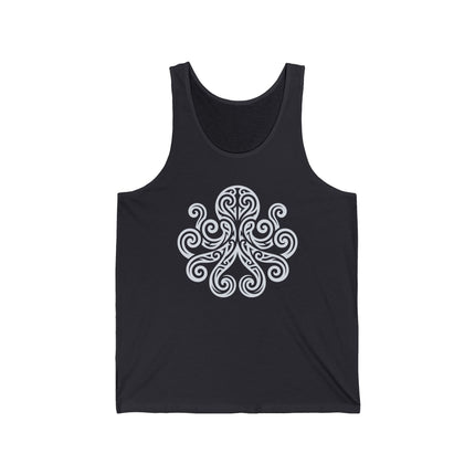 White tribal octopus swirl graphic on a black tank top.