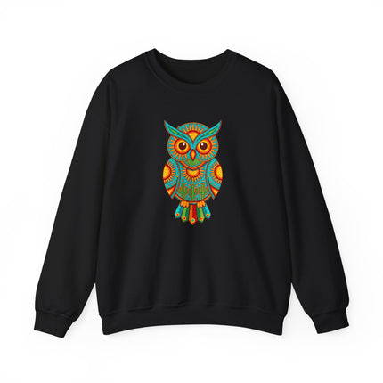 Huichol Owl Sweatshirt with vibrant Mexican folk art desert cactus print pullover.
