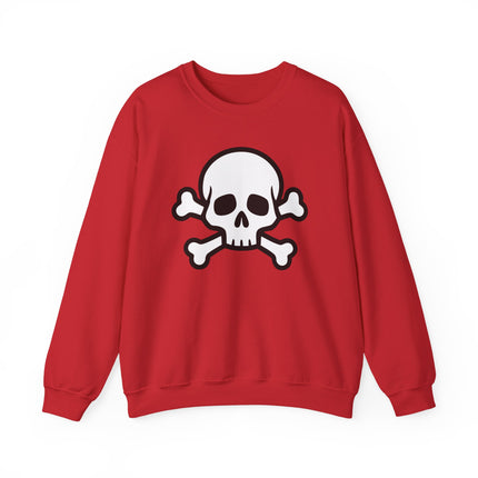 Red sweatshirt with a white skull and crossbones graphic.