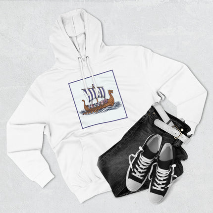 Viking longship graphic on a white hoodie. Norse mythology design featuring a sailing ship.