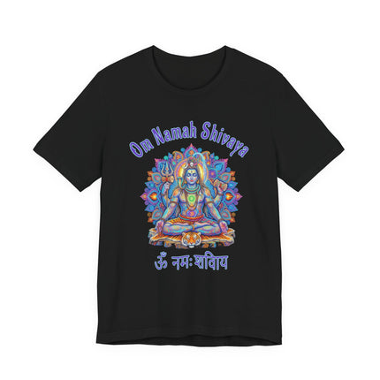 Colorful Shiva mandala art on a black t-shirt featuring Om Namah Shivaya mantra.