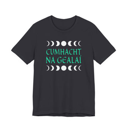 Cumhacht na Gealaí Irish Moon Power T-shirt featuring the lunar cycle and celestial design.