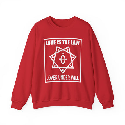 Red sweatshirt with "Love Is The Law" occult symbol and "Lover Under Will" text graphic.